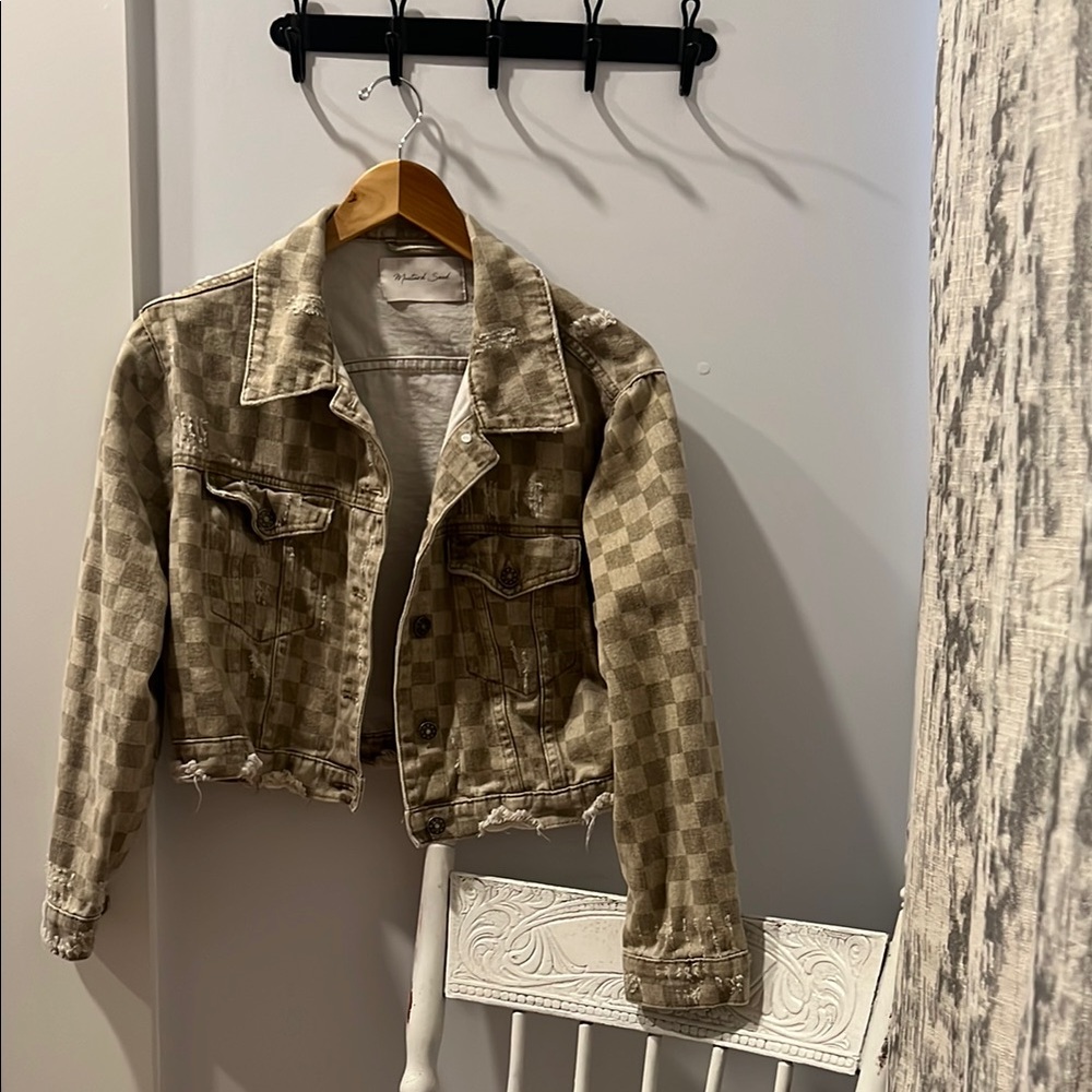 Checkered Cropped Jean Jacket with distressing